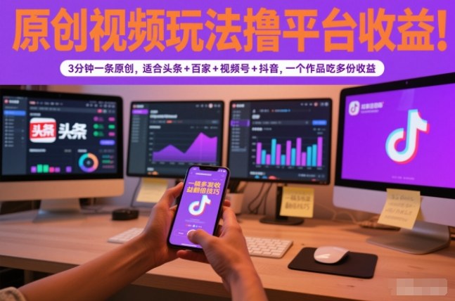 原创视频玩法撸平台收益，3分钟一条原创，适合头条+百家+视频号+抖音，一个作品吃多份收益-黑马项目网