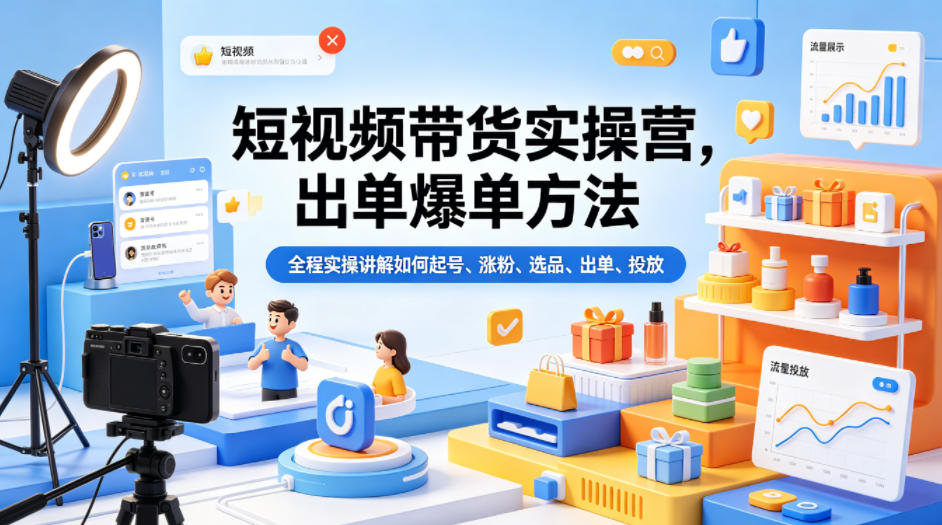 短视频带货实操营，出单爆单方法，全程实操讲解如何起号、涨粉、选品、出单、投放-黑马项目网