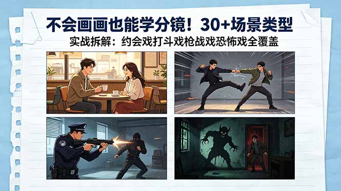 不会画画也能学分镜！30+场景类型实战拆解：约会戏打斗戏枪战戏恐怖戏全覆盖-黑马项目网