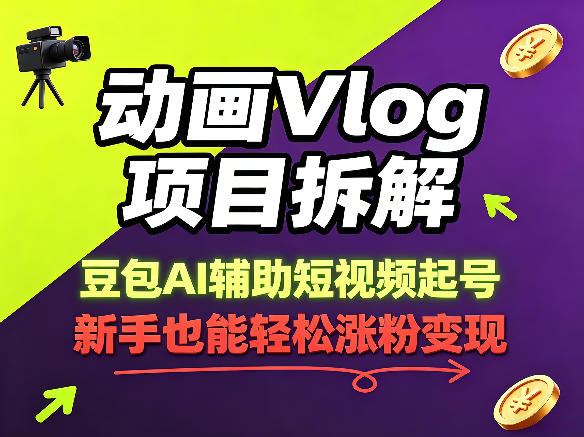 动画Vlog项目拆解，豆包AI辅助短视频起号，新手也能轻松涨粉，43条作品涨粉8.3W-黑马项目网