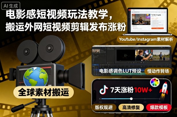 电影感短视频玩法教学，搬运外网短视频剪辑发布涨粉-黑马项目网