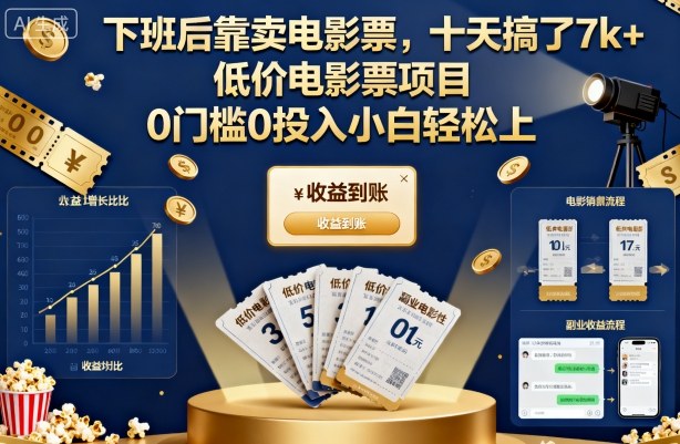 下班后靠卖电影票，十天搞了7k+，低价电影票项目，0门槛0投入小白轻松上手【揭秘】-黑马项目网