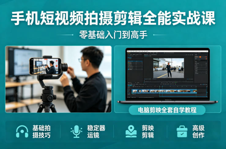 手机短视频拍摄剪辑全能实战课：零基础入门到高手，稳定器运镜+电脑剪映全套自学教程-黑马项目网