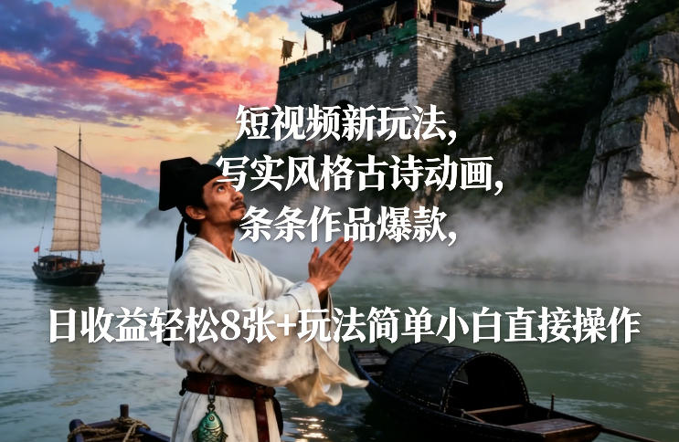 短视频新玩法，写实风格古诗动画，条条作品爆款，日收益轻松8张+玩法简单小白直接操作-黑马项目网