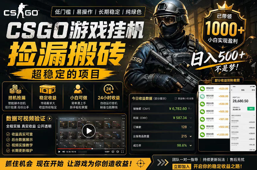 CSGO游戏搬砖，全自动挂G，不需要玩游戏，手机操作日入300+，解放双手【揭秘】-黑马项目网