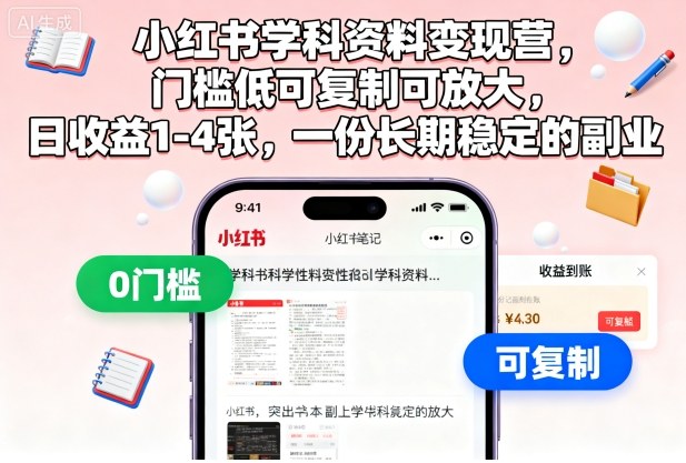 小红书学科资料变现营，门槛低可复制可放大，日收益1-4张，一份长期稳定的副业-黑马项目网
