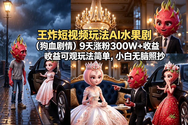 王炸短视频玩法AI水果剧(狗血剧情)9天涨粉300W+收益可观玩法简单，小白无脑照抄，详细拆解玩法-黑马项目网