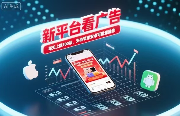 新台看广告，养好机一条5毛到5块，单机日入30到100，支持苹果安卓，可批量操作。-黑马项目网