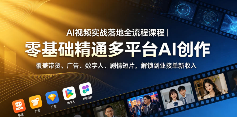 AI视频实战落地全流程课程｜零基础精通多平台AI创作，覆盖带货、广告、数字人、剧情短片，解锁副业接单新收入-黑马项目网