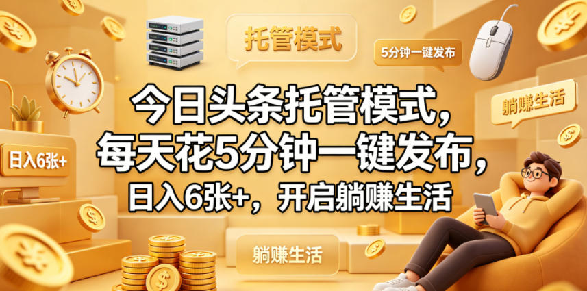 今日头条托管模式，每天花5分钟一键发布，日入6张+，开启躺賺生活【揭秘】-黑马项目网