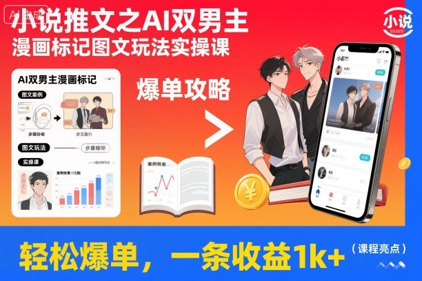 小说推文之AI双男主漫画标记图文玩法实操课，轻松爆单，一条收益1k+-黑马项目网