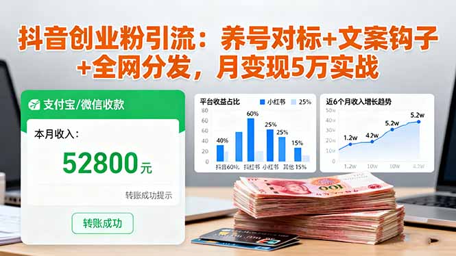 抖音创业粉引流：养号对标+文案钩子+全网分发，月变现5万实战-黑马项目网