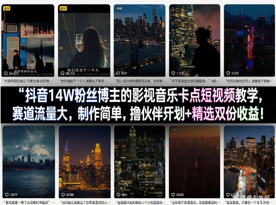 抖音14W粉丝博主的影视音乐卡点短视频教学，赛道流量大，制作简单，撸伙伴计划+精选双份收益！-黑马项目网