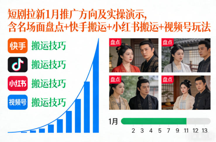 短剧拉新1月推广方向及实操演示，含名场面盘点+快手搬运+小红书搬运+视频号玩法-黑马项目网
