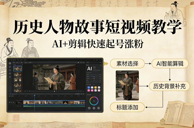 历史人物故事短视频教学，AI+剪辑制作历史人物题材短视频，快速起号涨粉-黑马项目网