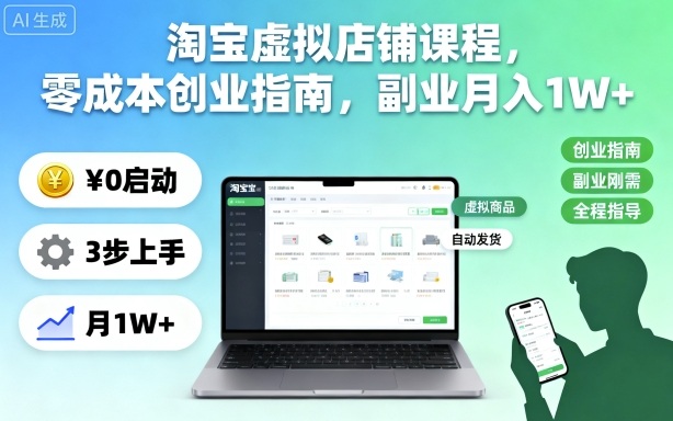 淘宝虚拟店铺课程，零成本创业指南，副业月入1W+-黑马项目网