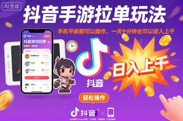 抖音手游拉单玩法，手机平板都可以操作，一天十分钟也可以收入上K【揭秘】-黑马项目网