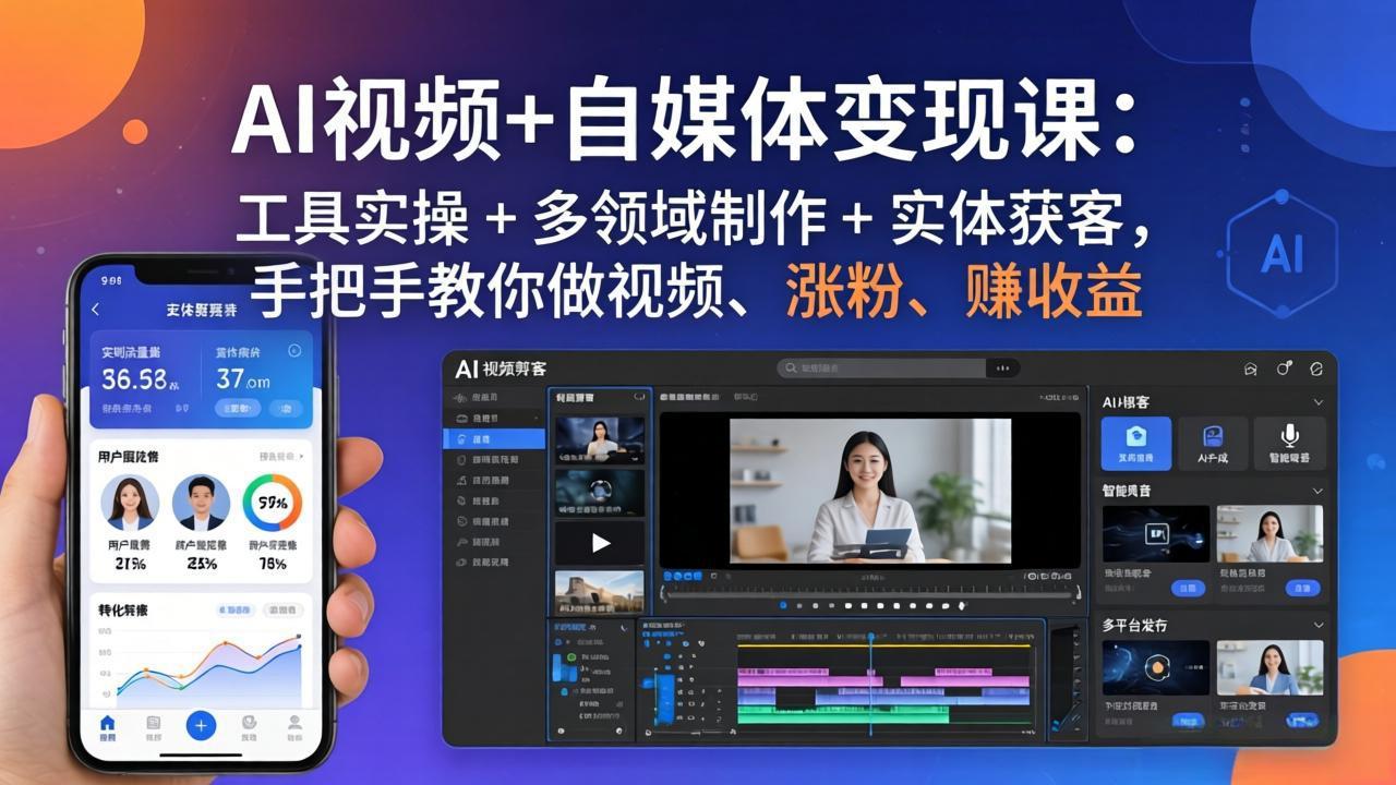 AI视频+自媒体变现课：工具实操 + 多领域制作 + 实体获客，手把手教你做视频、涨粉、赚收益-黑马项目网