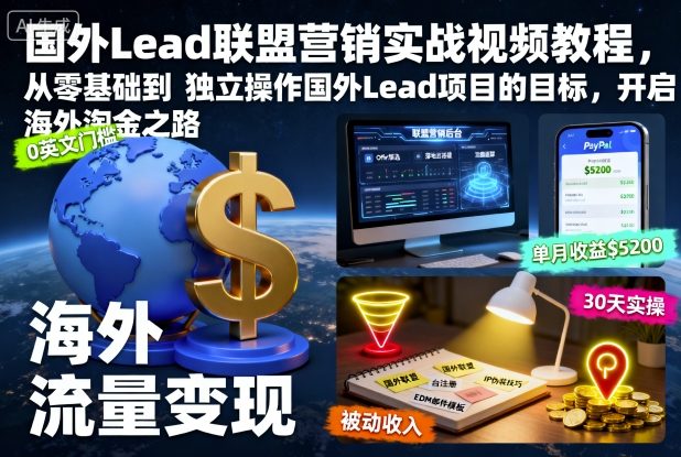 国外Lead联盟营销实战视频教程，从零基础到独立操作国外Lead项目的目标，开启海外淘金之路-黑马项目网