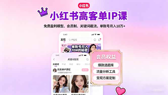 小红书高客单IP课，免费盈利模型、会员制、关键词截流，单账号月入10万+-黑马项目网