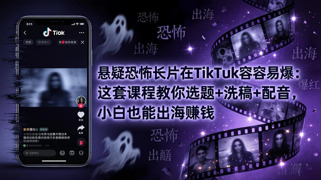 悬疑恐怖长片在TikTok最容易爆：这套课程教你选题+洗稿+配音，小白也能出海赚钱-黑马项目网