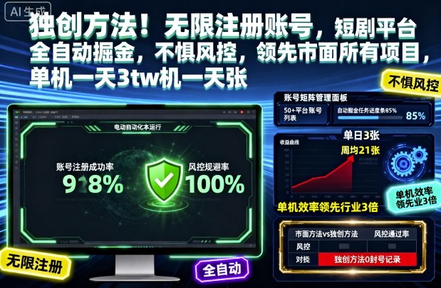 独创方法！无限注册账号，短剧平台全自动掘金，不惧风控，领先市面所有项目，单机一天3张【揭秘】-黑马项目网