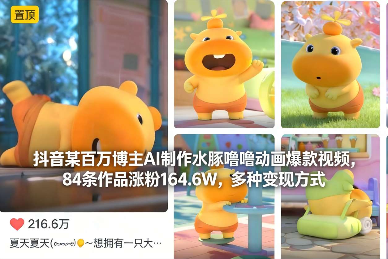 抖音某百万博主AI制作水豚噜噜动画爆款视频，84条作品涨粉164.6W，多种变现方式-黑马项目网