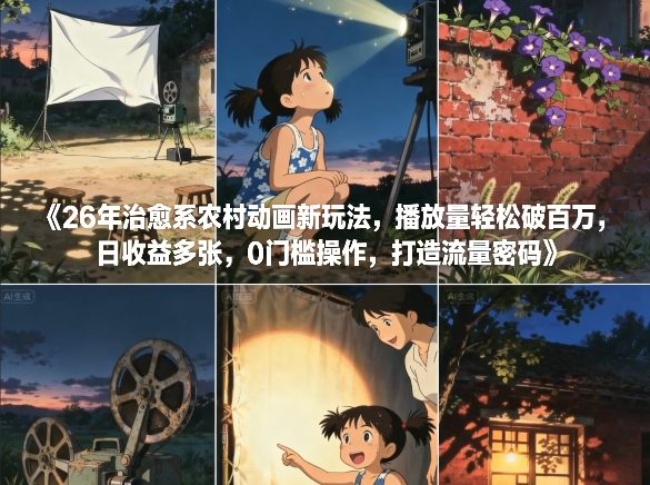 26年治愈系农村动画新玩法，播放量轻松破百万，日收益多张，0门槛操作，打造流量密码-黑马项目网